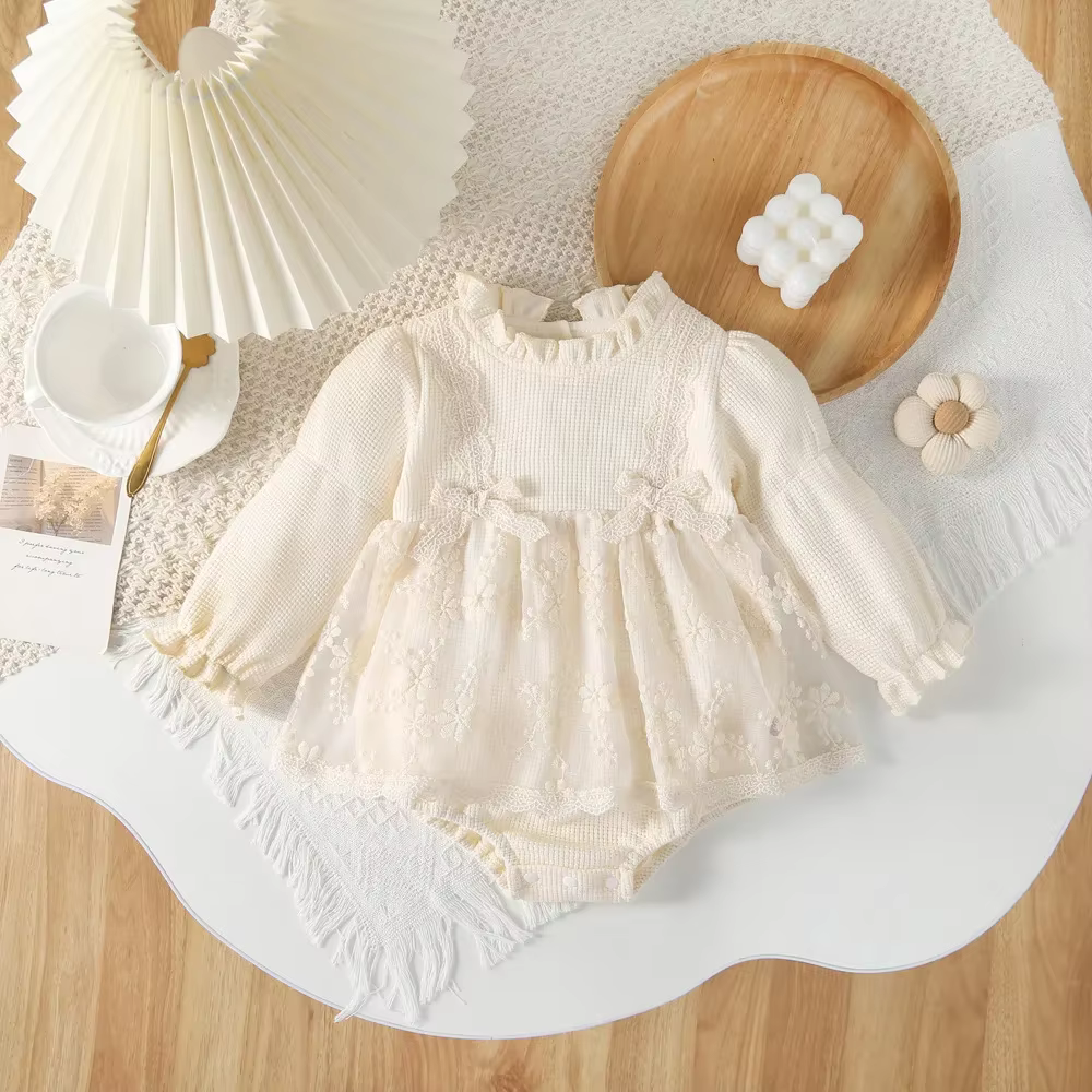 4175 Robe-combinaison pour bébé, robe en dentelle et gaze pour l'automne, vêtements une pièce pour n