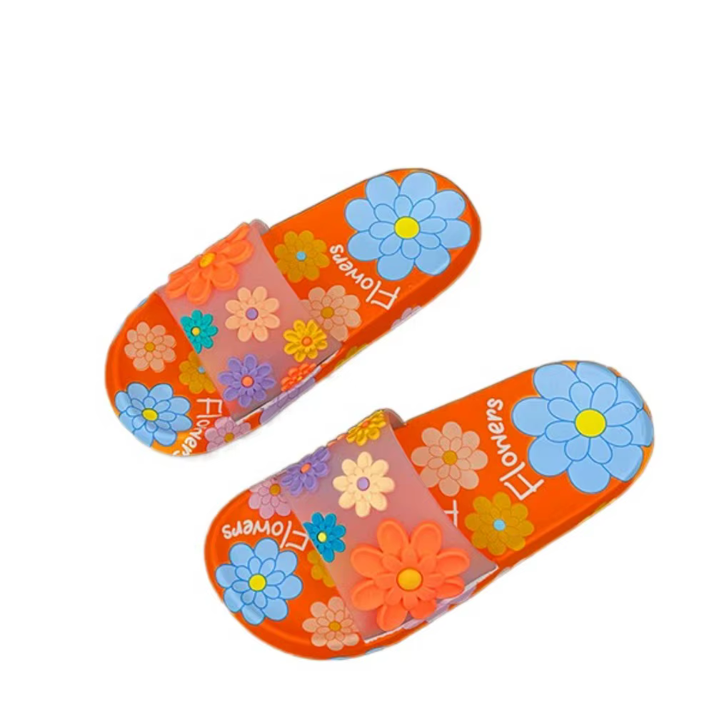 Pantoufles à fleurs antidérapantes décontractées, pantoufles plates en PVC à semelles souples pour f