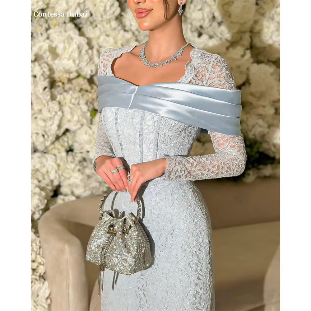 Contessa dubaï dentelle Spaghetti sangle fermeture éclair robe de bal col carré manches longues فسات
