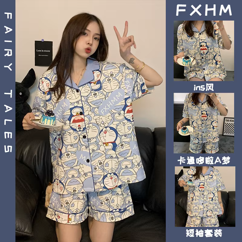 Nouvel ensemble pyjama Doraemon à motif original, manches courtes et short, mode estivale, confort e