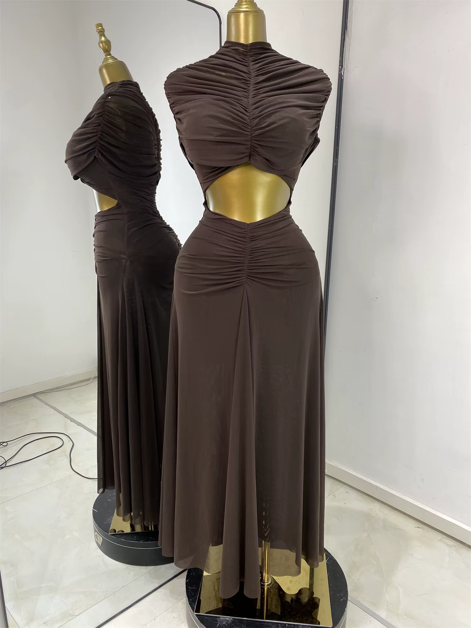 Robes de soirée femme élégante marron transparent drapé découpé Maxi robe longue douce confortable h