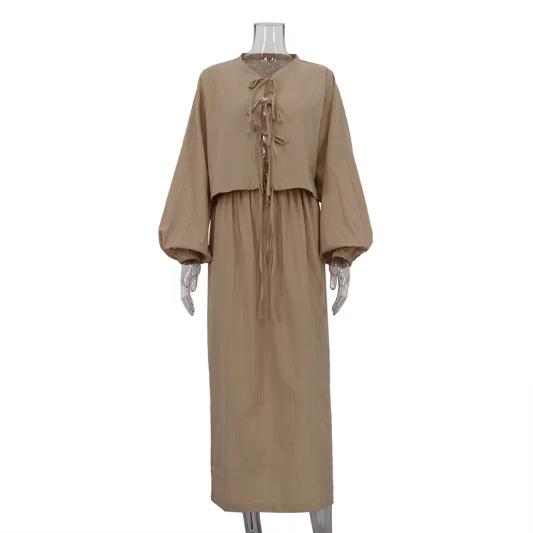 Pyjama en Coton pour Femme, Tenue Décontractée, Chemise à Manches Bouffantes, à Lacets, Jupe Longue