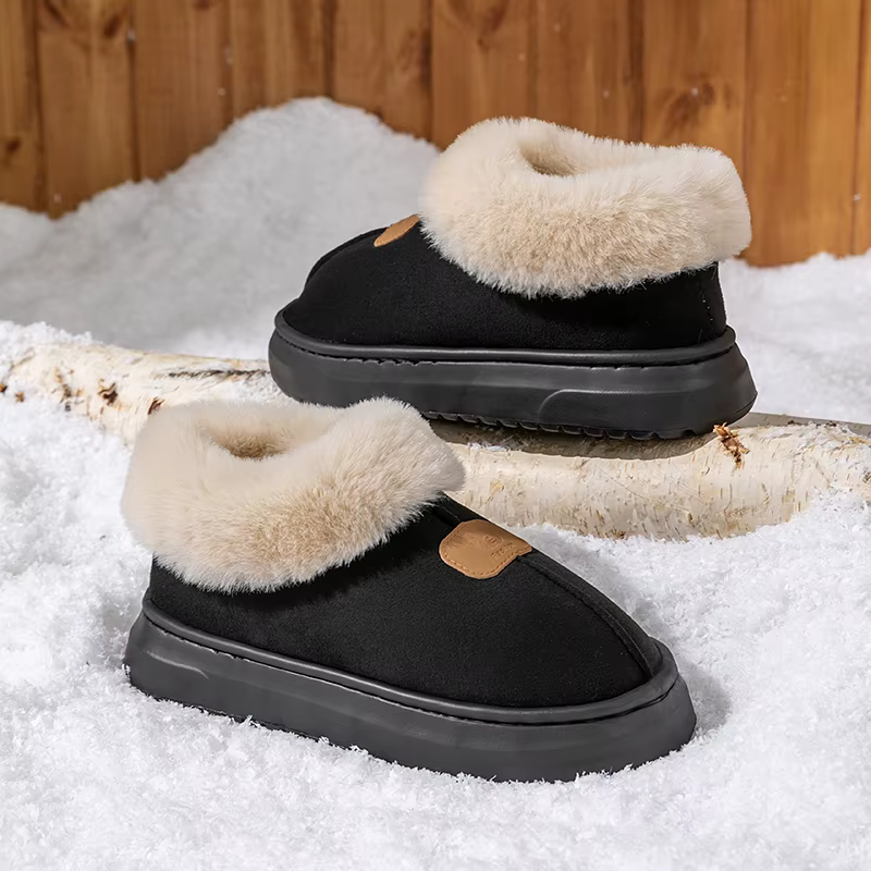 Pantoufles d'intérieur chaudes à semelle épaisse et souple pour femme, bottes de neige confortables 