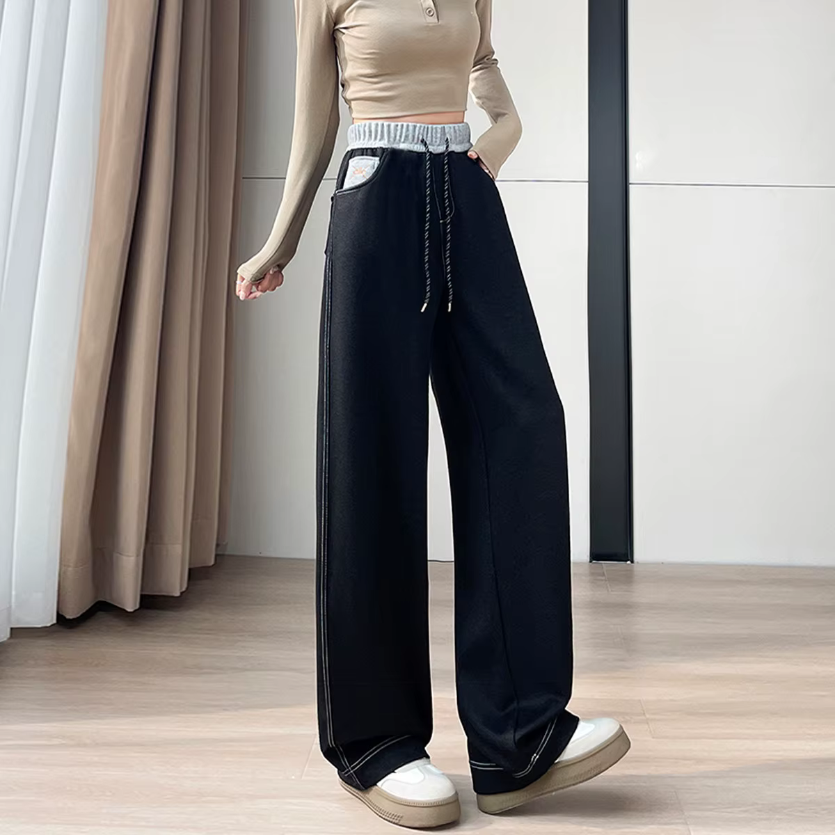 Denim droit pour femmes au printemps automne taille haute ample mince drapé longueur au sol décontra