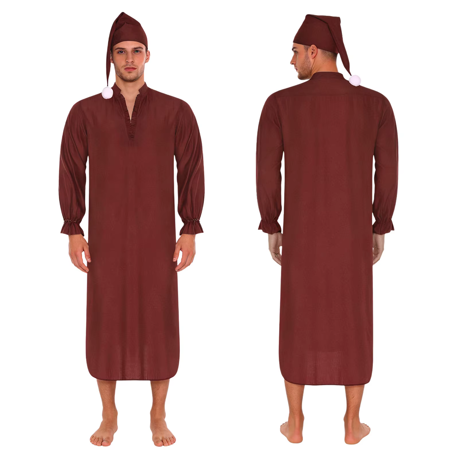 Robe de nuit vintage pour homme avec bonnet de nuit, bordure à volants, manches longues avec poignet