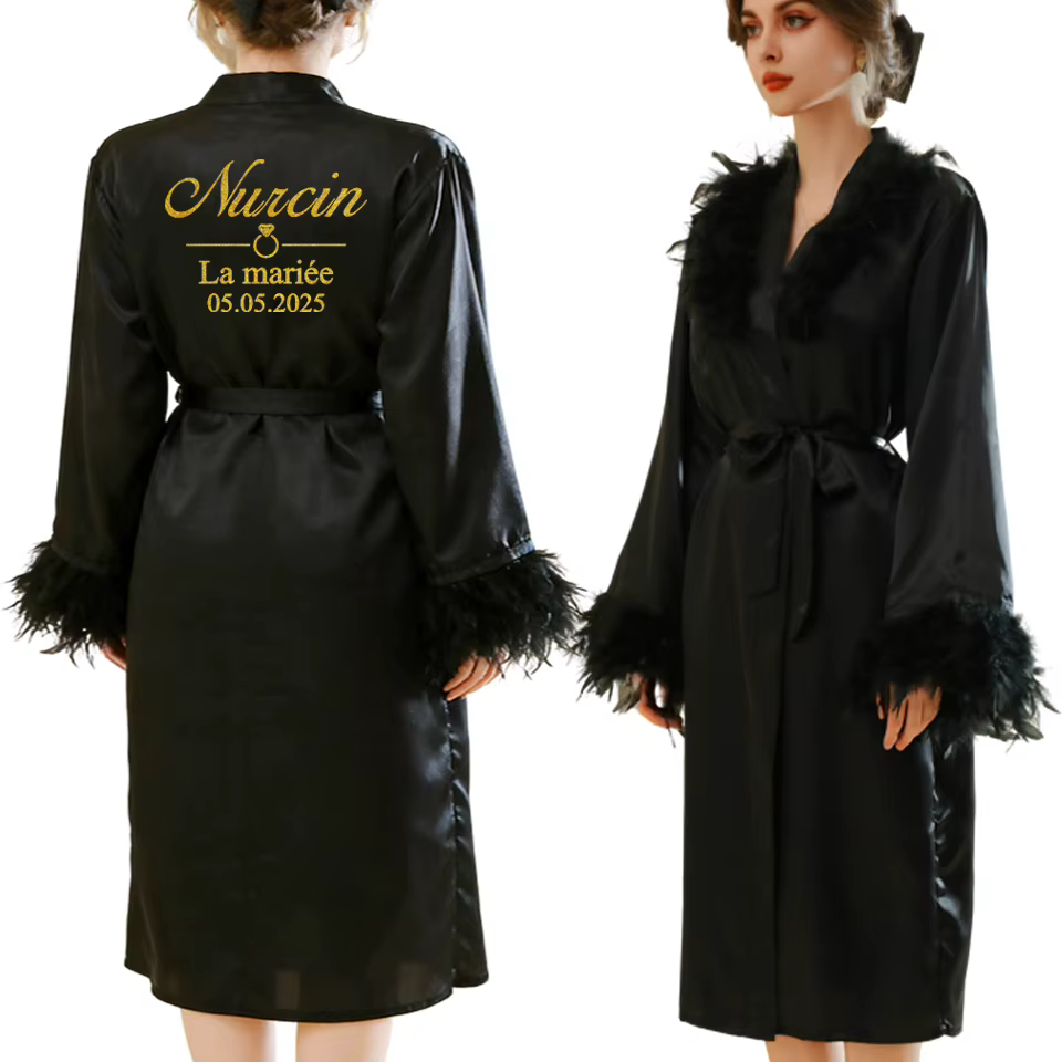 Ensemble de peignoirs élégants personnalisés avec nom, date et logo, en plumes, pour mariée, vêtemen
