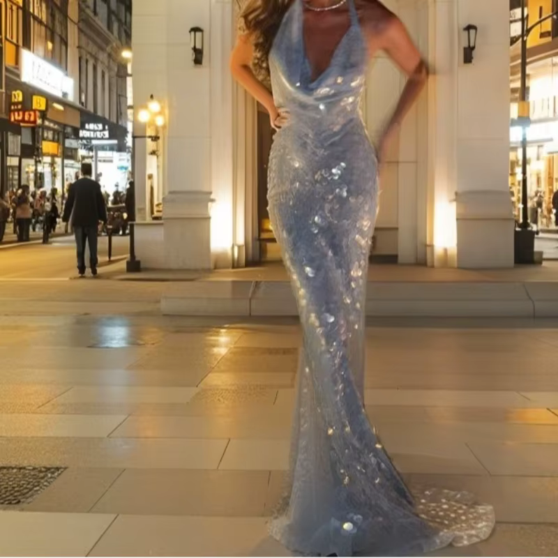 Robe à paillettes queue de poisson avec col suspendu, robe de soirée pour femmes, printemps et autom