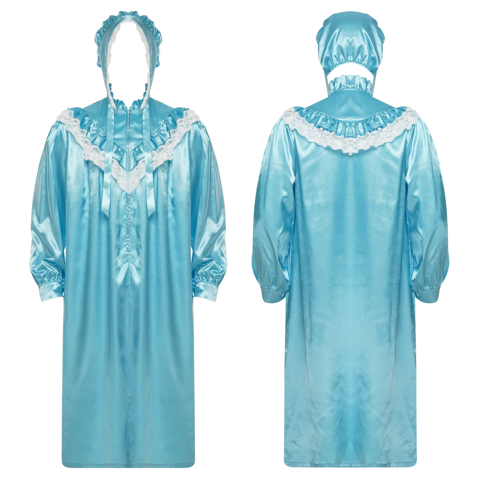 Chemise de nuit victorienne satinée pour homme avec bonnet, ensemble pyjama vintage à manches longue