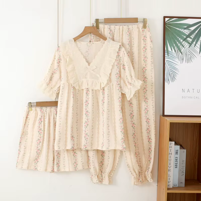 Ensemble de vêtements de nuit trois pièces pour femmes, pyjama en coton pour le printemps et l'été,