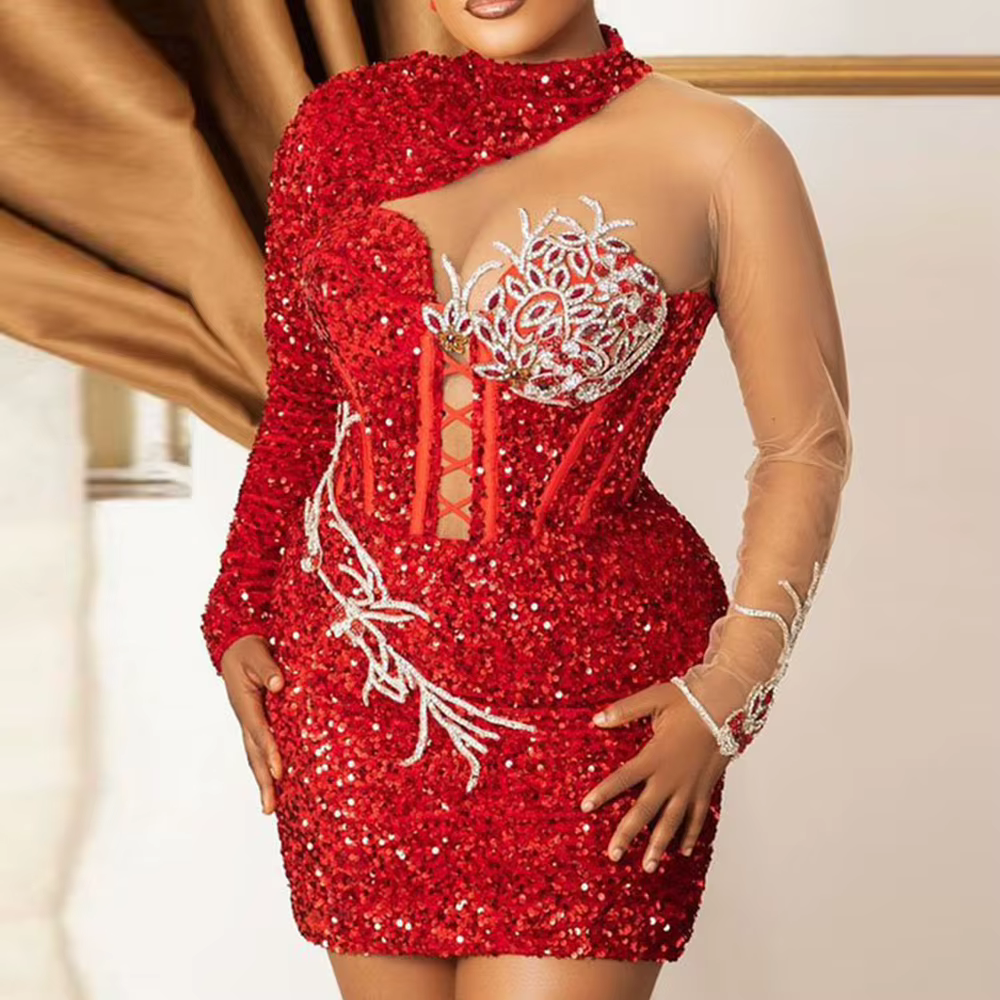 Robe de Cocktail de Dubaï Rouge à Paillettes, Tenue de Soirée Sexy, Manches sulf, Appliques en Dente