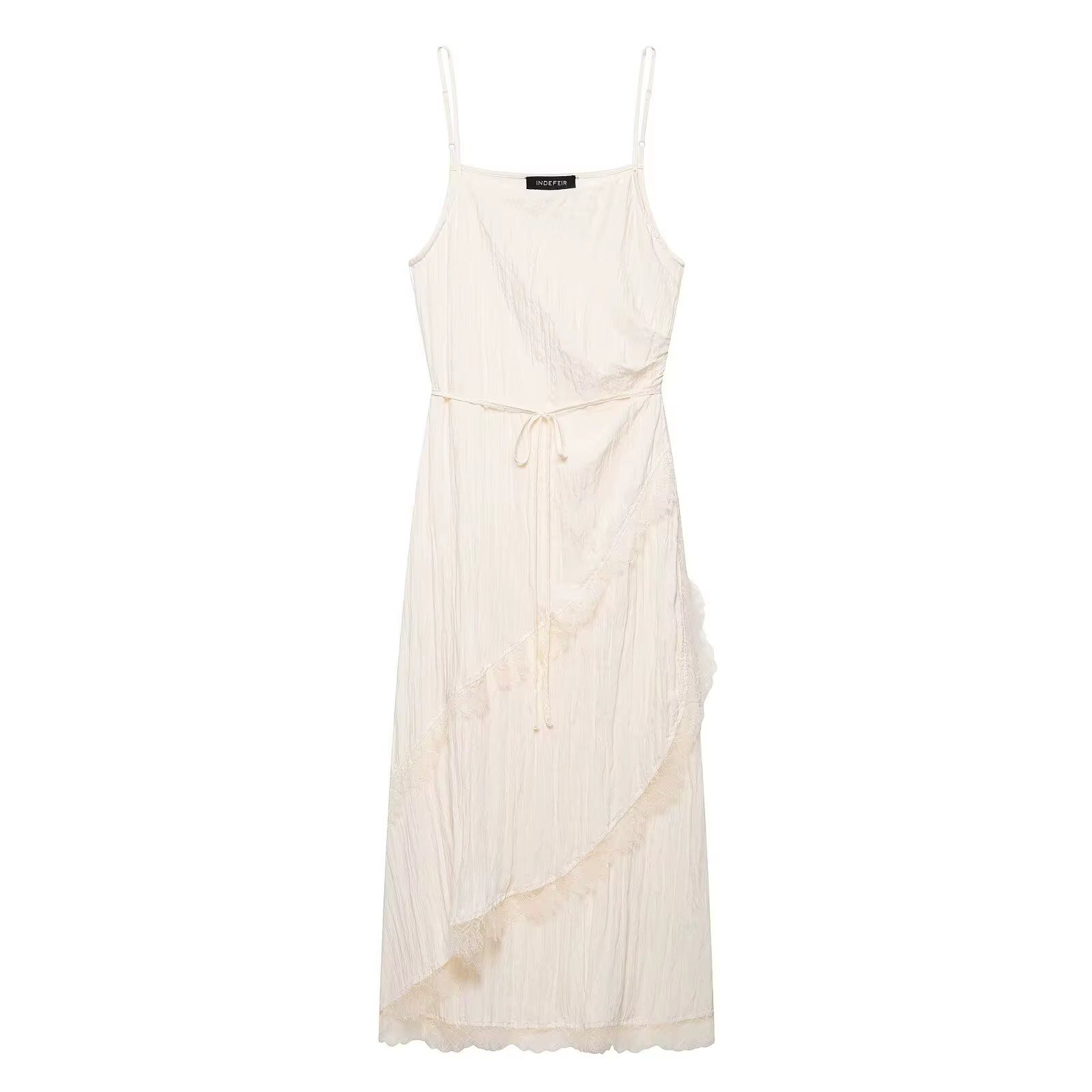 Robe midi romantique froissée à nouer à la taille pour femme, avec bordure en dentelle et ourlet irr