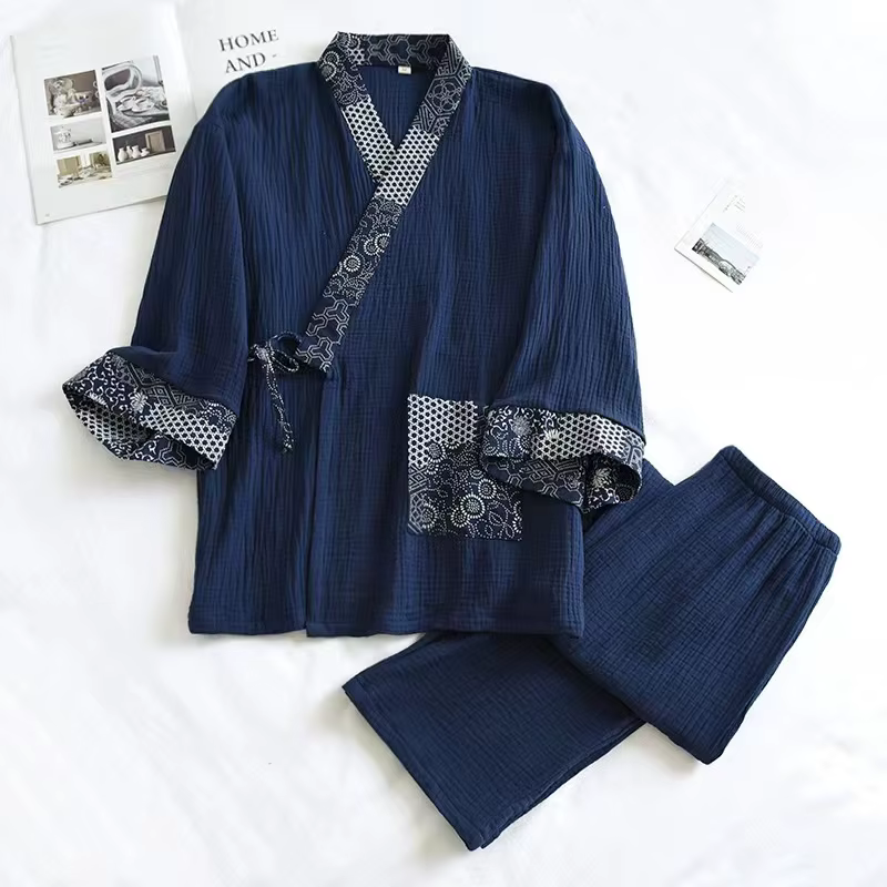 Ensemble pyjama en coton pour hommes, Kimono japonais, grande taille, pantalon à manches longues, dé