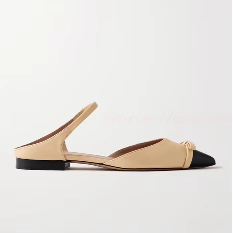 Sandales plates pointues en cuir noir pour femmes, slingback à pointe, décor de nœud, chaussures sim