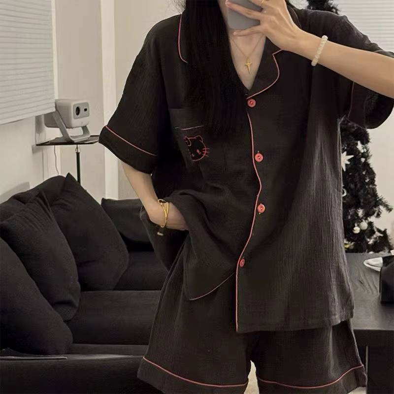 Sanrio Hello Kitty femmes pyjamas noirs ensembles Kawaii dessin animé vêtements de nuit pour enfants