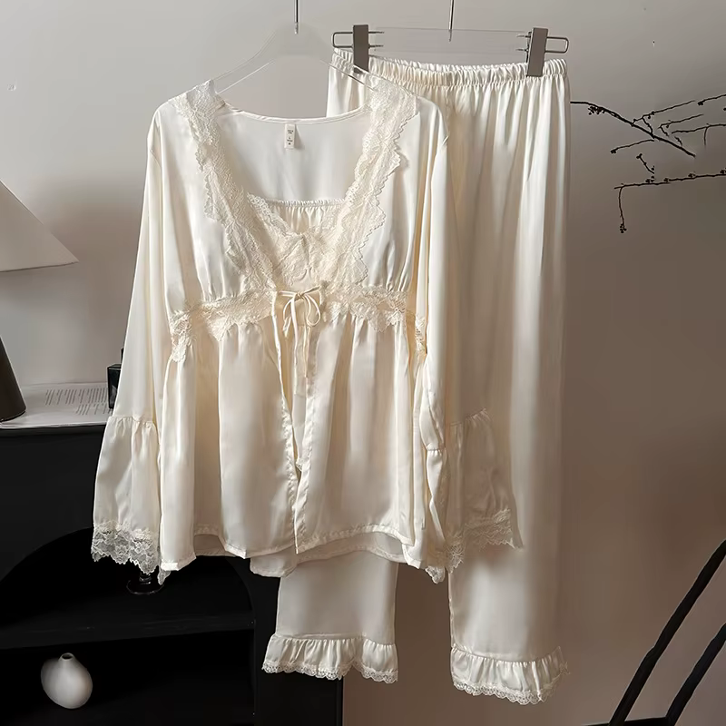Ensemble de pyjama sexy en dentelle pour femme, cardigan à manches longues, caraco et surintendant, 