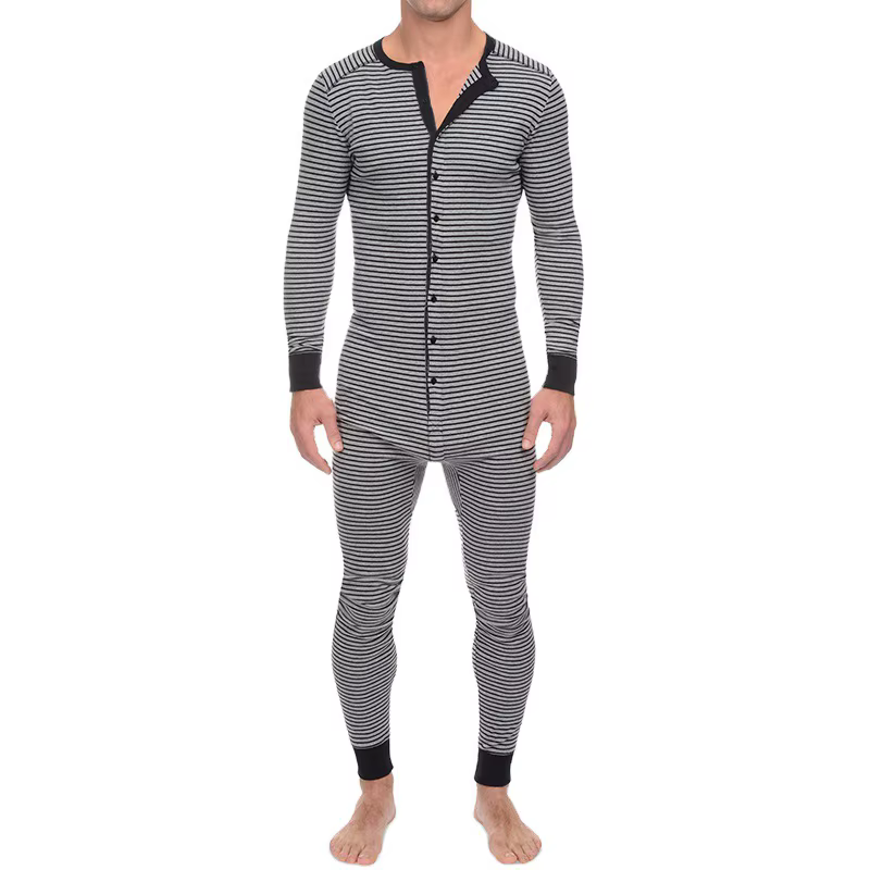 Pyjama rayé pour hommes, col rond, manches longues, pantalon, combinaison décontractée, vêtements de
