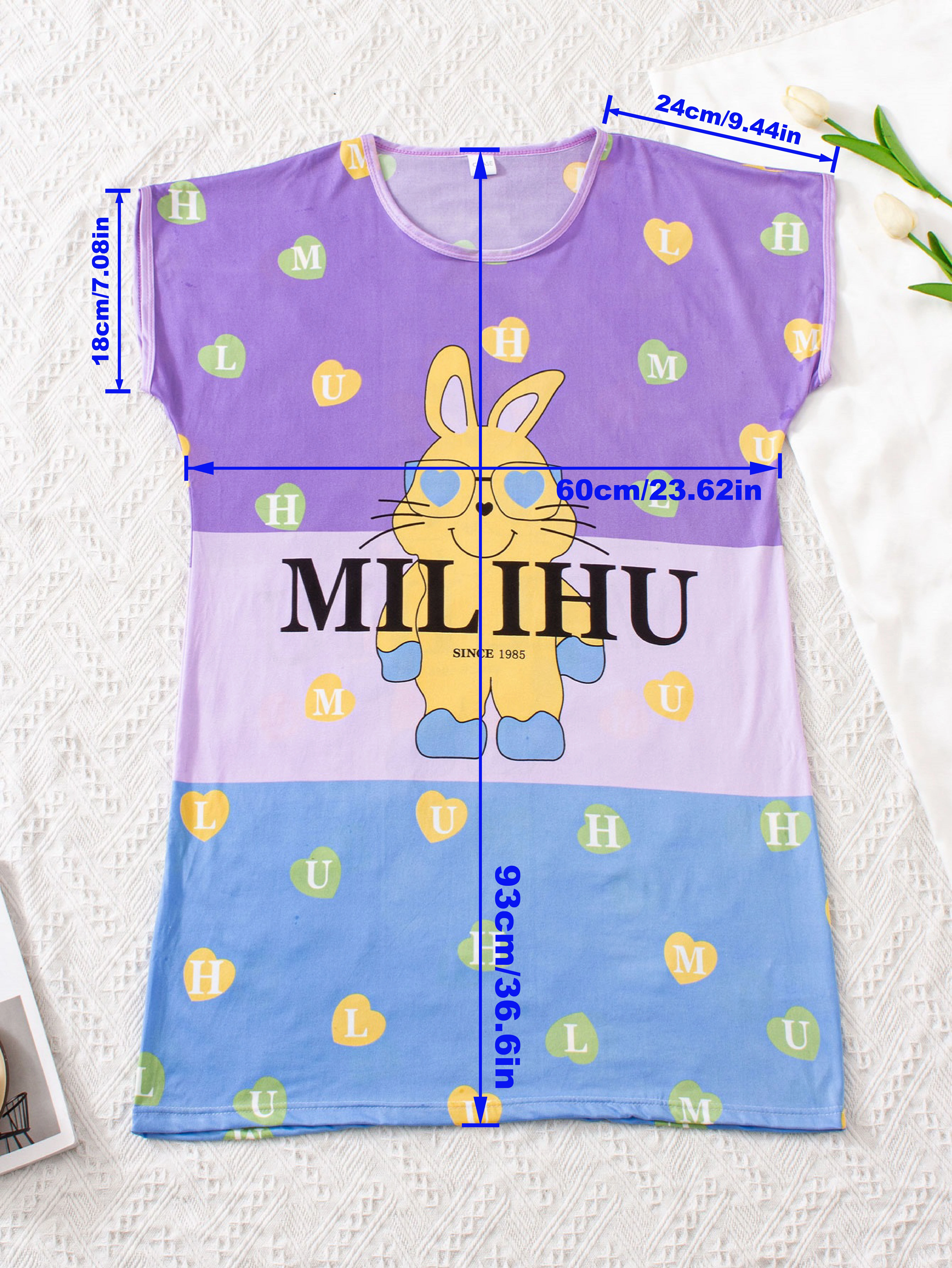 Pyjama décontracté à manches courtes et col rond pour femme, motif lapin de dessin animé violet, con