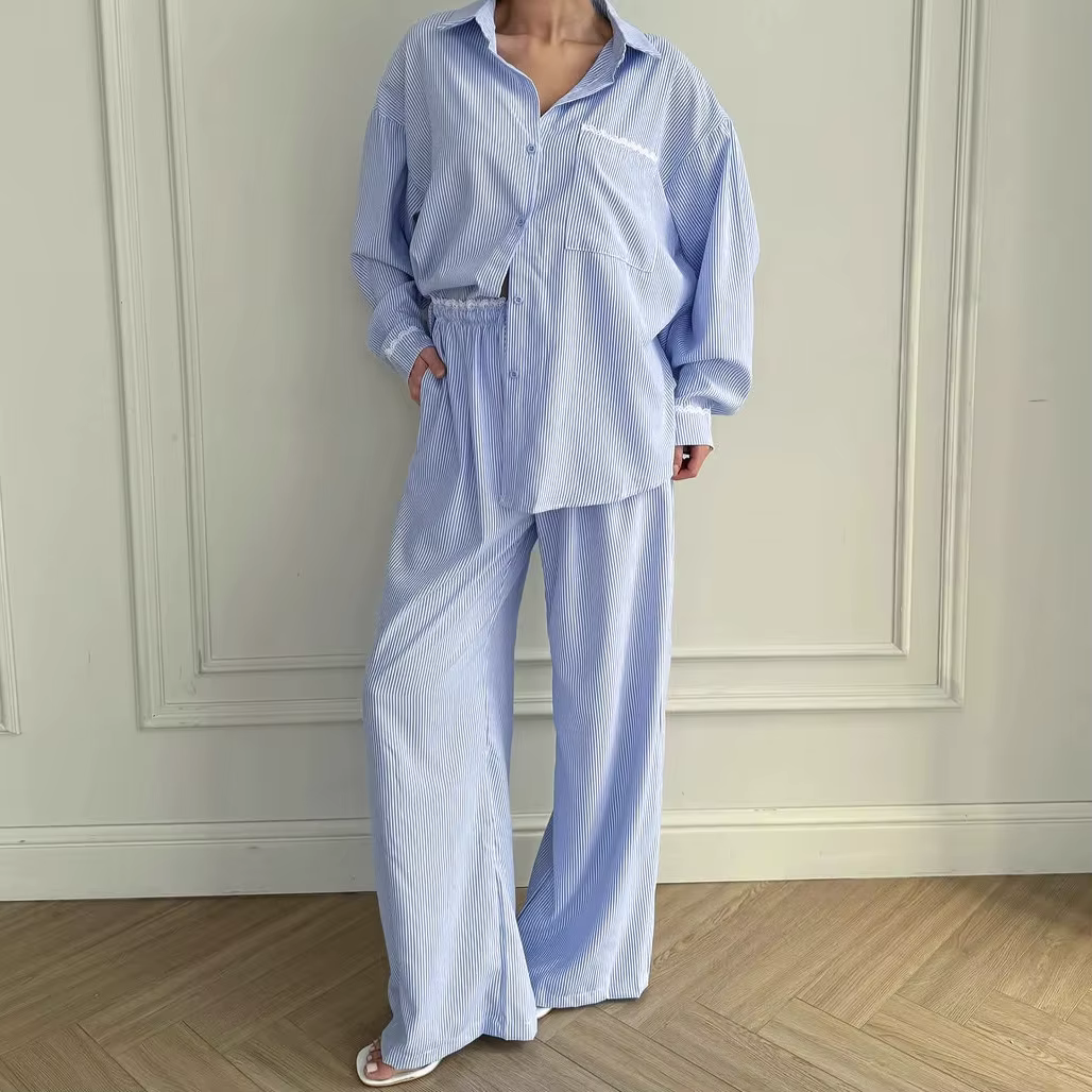 Rayé vêtements de nuit pour femmes 2 pièces costume à manches longues chemise de nuit col rabattu py