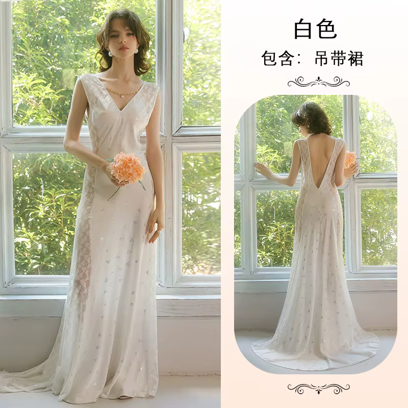 Robe de nuit de luxe pour femme, col en V, sans manches, robe longue blanche ajustée style princesse