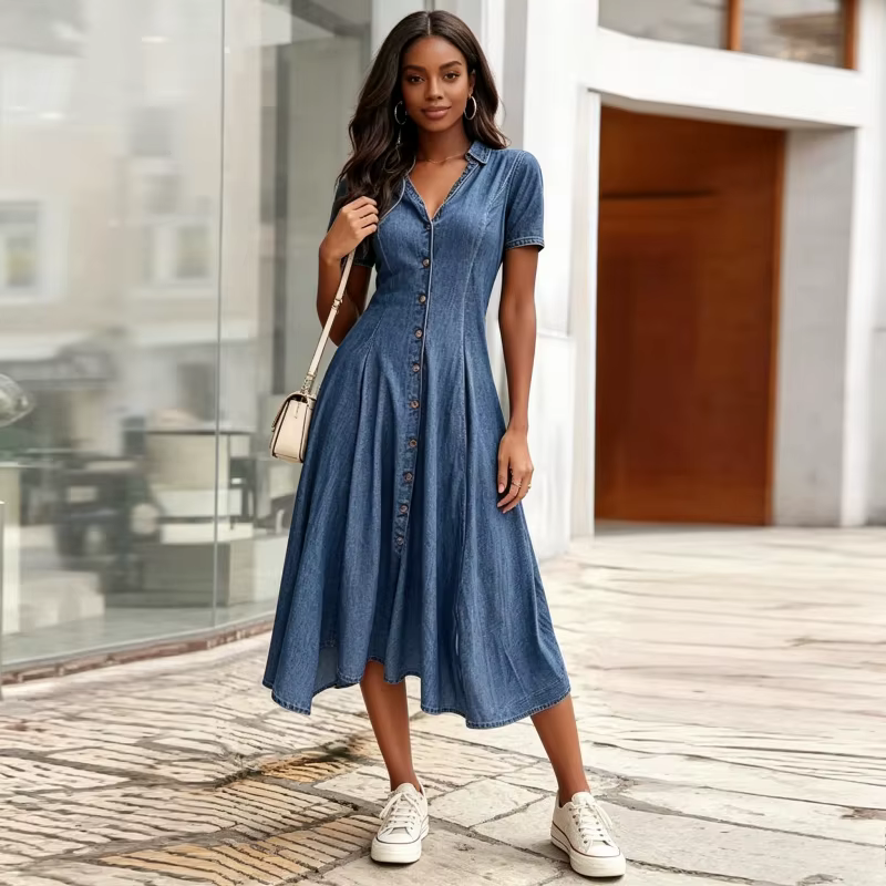 Robe en jean pour femme, style vintage délavé, col en V, simple boutonnage, manches courtes, coupe t