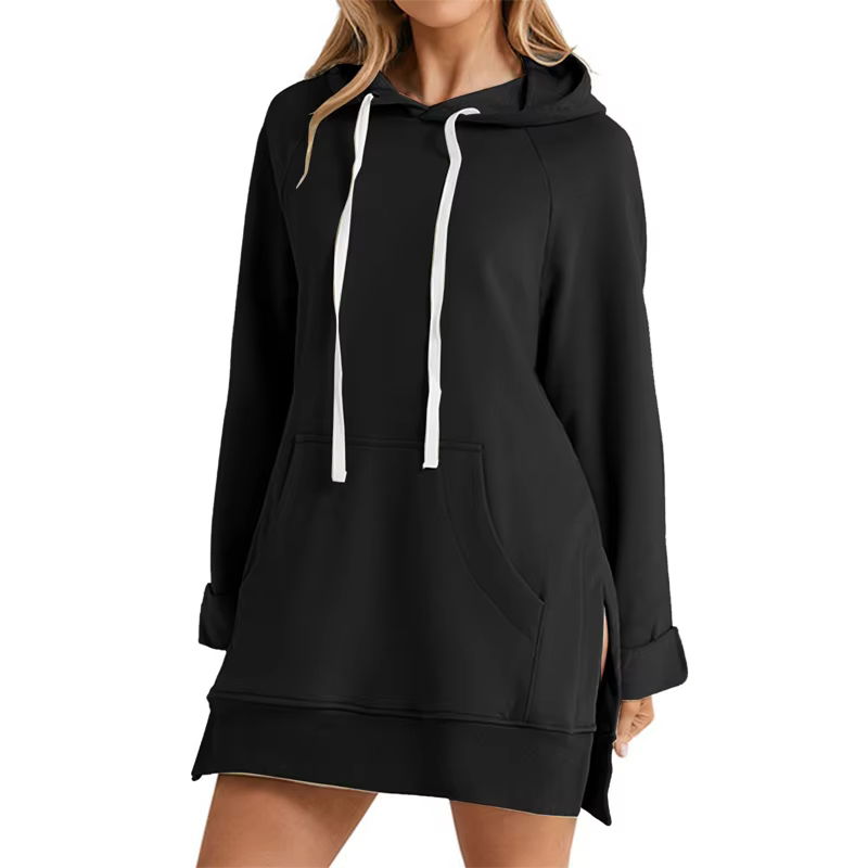 Robe à capuche pour femmes, ourlet fendu, cordon de serrage, ample avec grande poche, pull à capuche