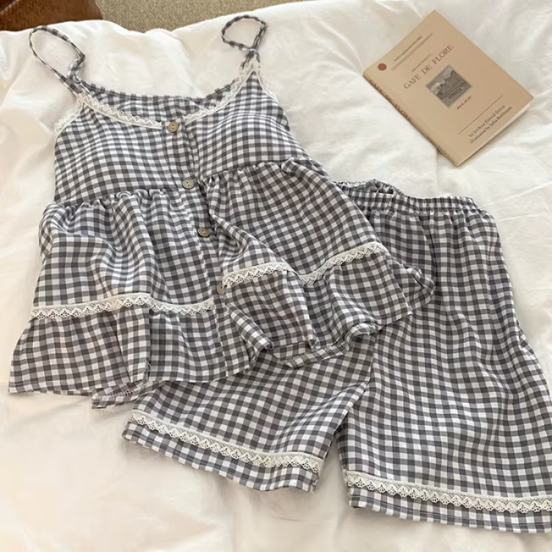 Pyjama à bretelles pour femme, nouvelle collection été 2026, motif écossais, sexy, avec ceinture et