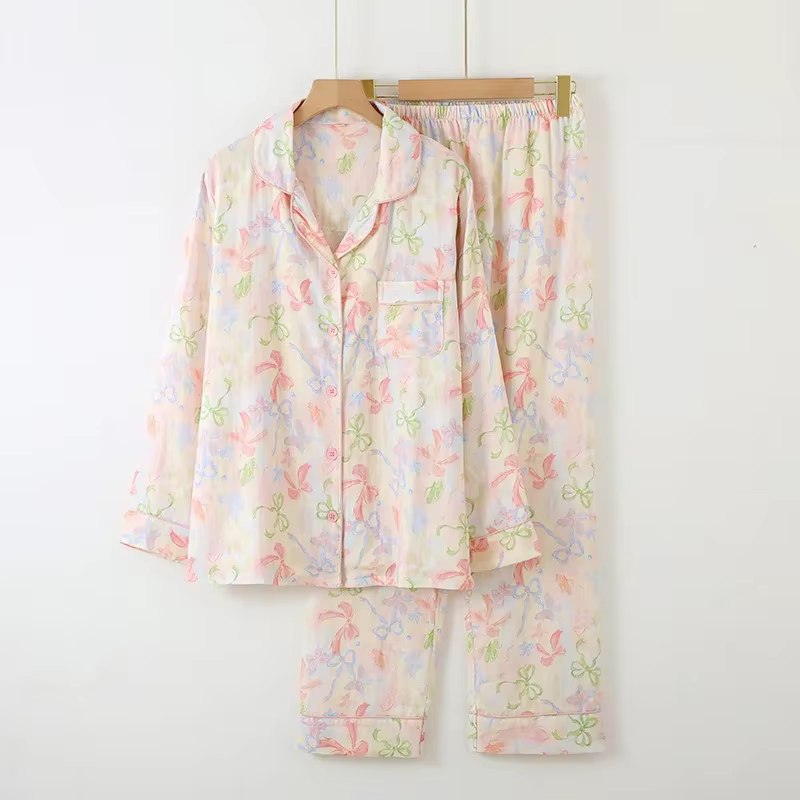 2025 printemps et automne femmes nouveau pyjama ensemble 100% coton crêpe à manches longues pantalon