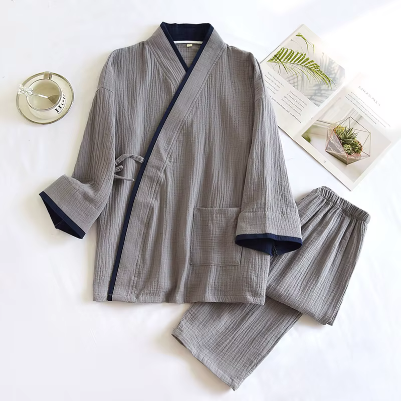 Kimono pour hommes, Style fin, gaze de coton pur, couleur unie, pyjama assorti, pantalon à manches l