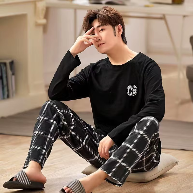 2 pièces nouveau printemps et automne hommes pyjamas ensemble garçons doux à manches longues sommeil
