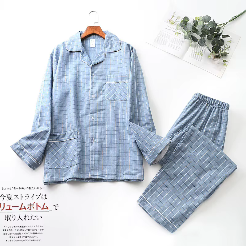 Ensemble de pyjama à manches longues pour hommes, coton brossé, cardigan grillé, vêtements d'intérie
