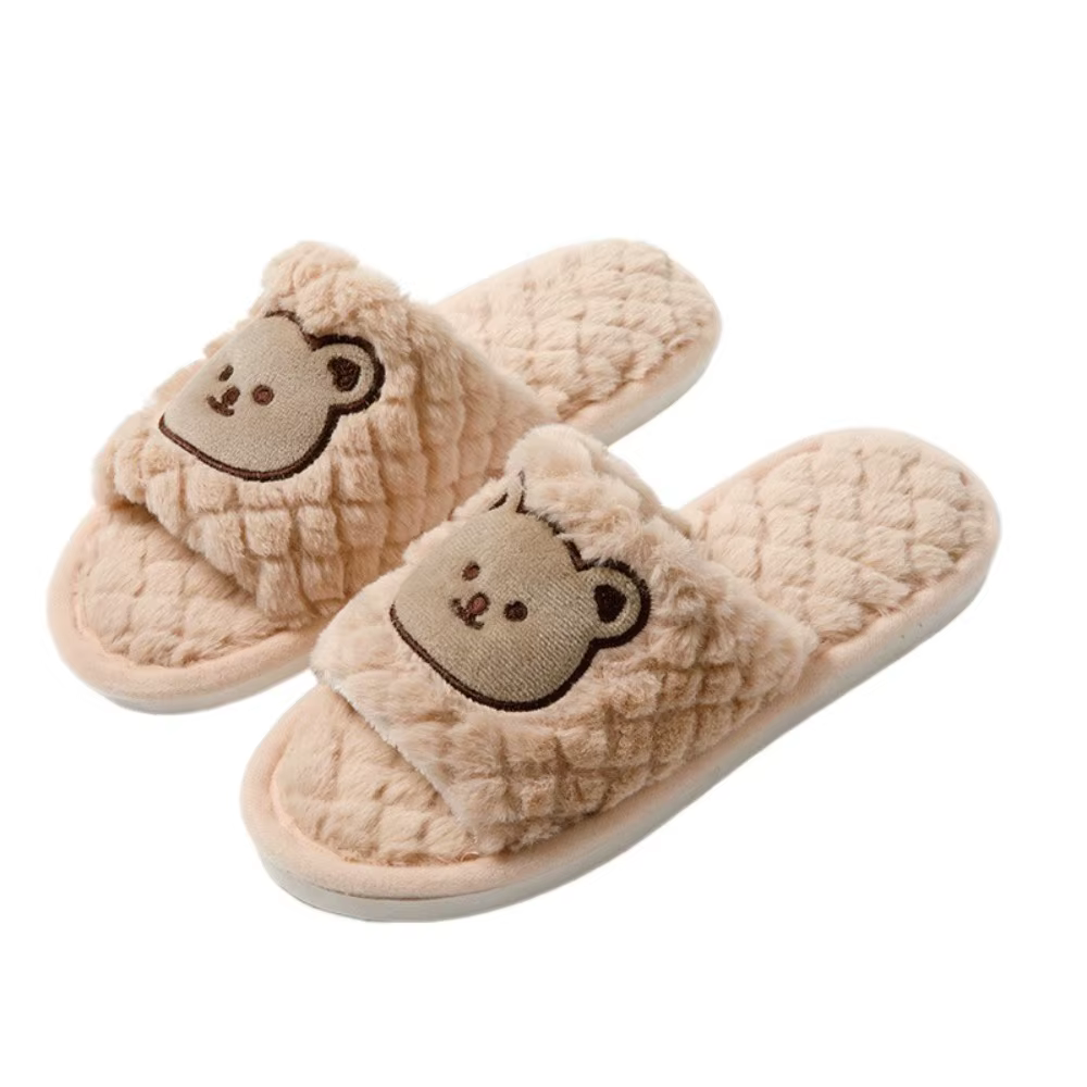 Pantoufles ours en peluche douces et pelucheuses, pantoufles décontractées à grille de dessin animé,