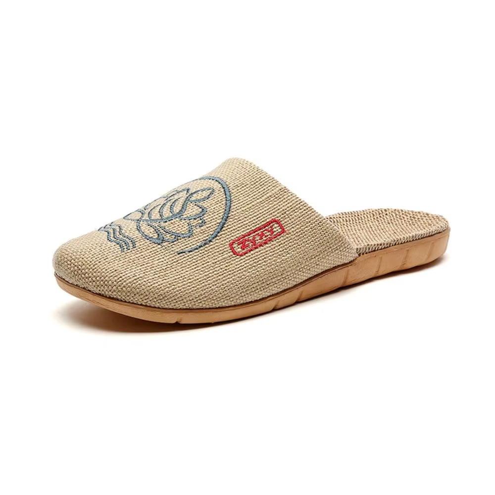 Chaussons d'intérieur en lin brodés, semelle souple, motif fleur de lotus, antidérapants, pour femme