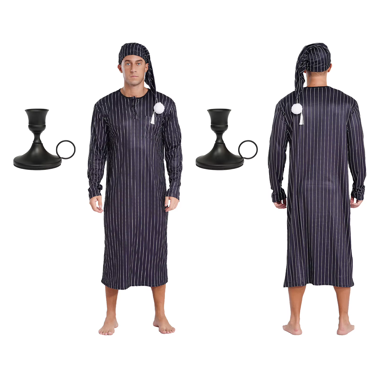 Ensemble pyjama de noël 3 pièces pour hommes, chemise de nuit rayée Henley avec bonnet de nuit et bo