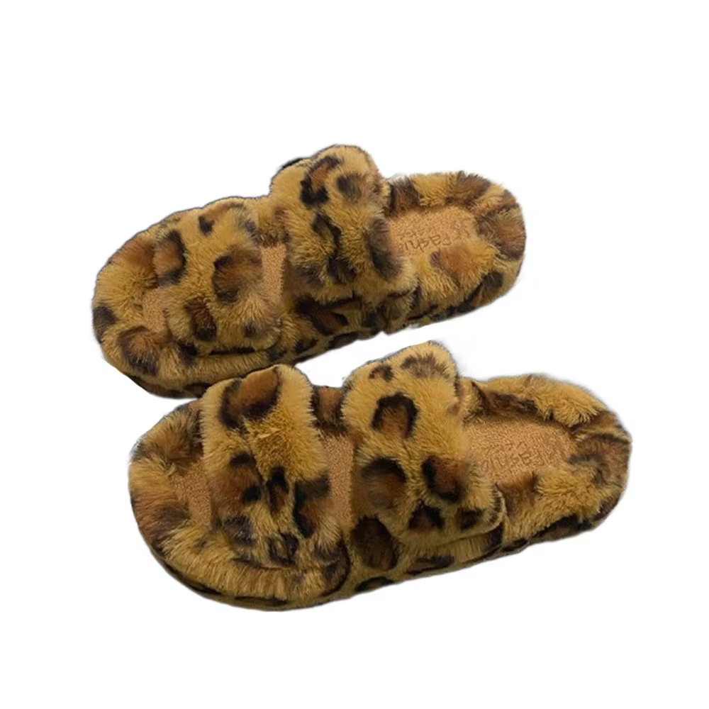 Pantoufles décontractées en peluche à semelle épaisse, imprimé léopard, pantoufles en fourrure chaud