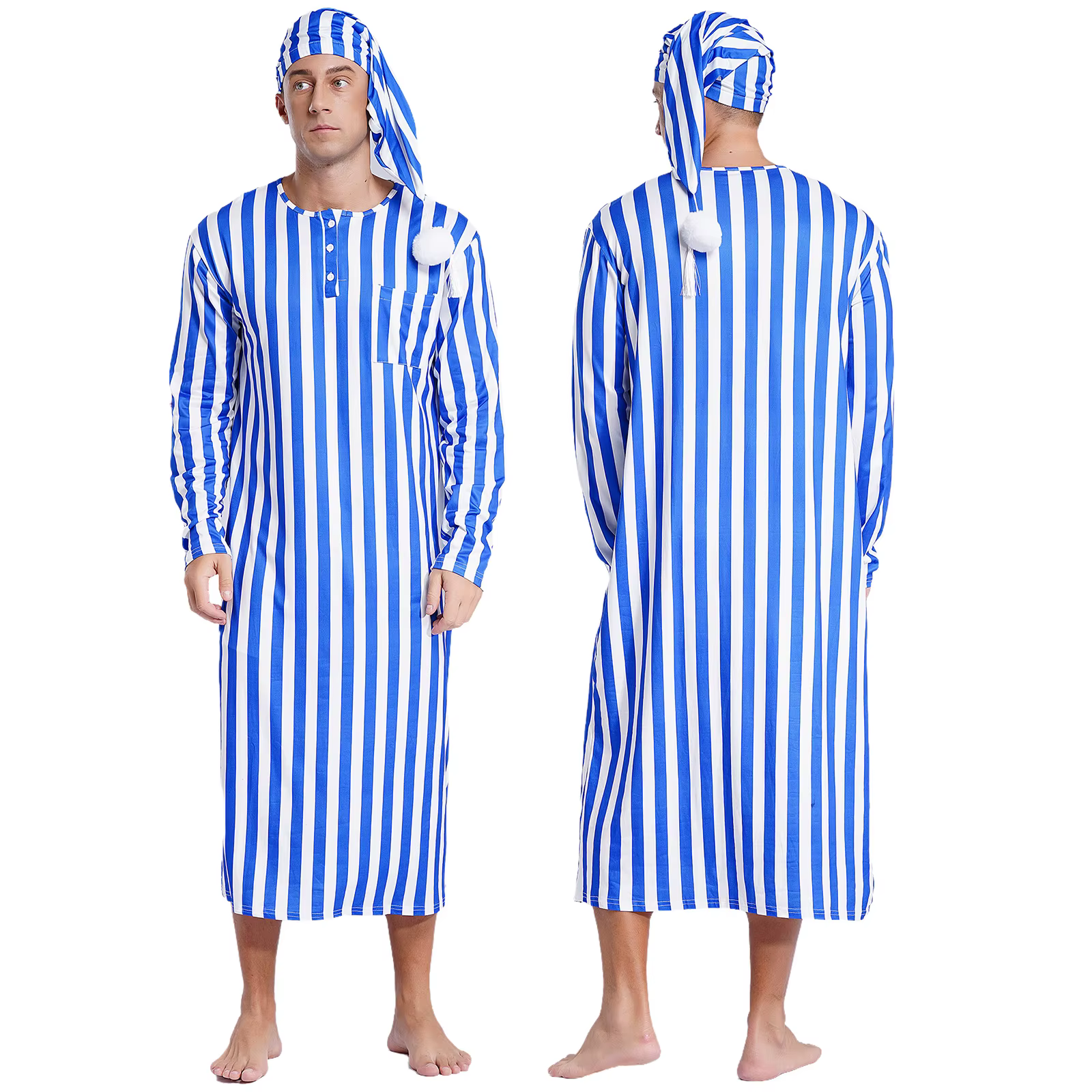 Sissy-Robe de nuit rayée à manches longues pour hommes, vêtements de nuit avec chapeau réglable, pyj