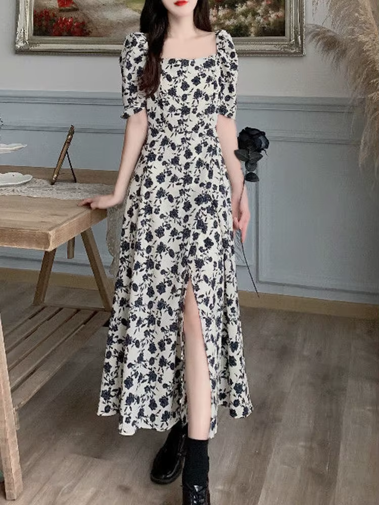 Été Rose imprimé fleuri taille Robe Femme tempérament mode Chic Robe longue femmes élégant esthétiqu