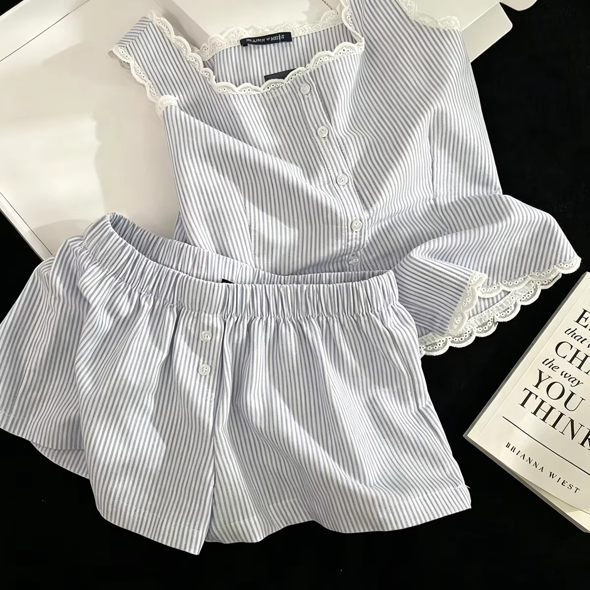 Pyjama rayé pour femme, ensemble 2 pièces d'été sans manches avec short et débardeur en dentelle, st
