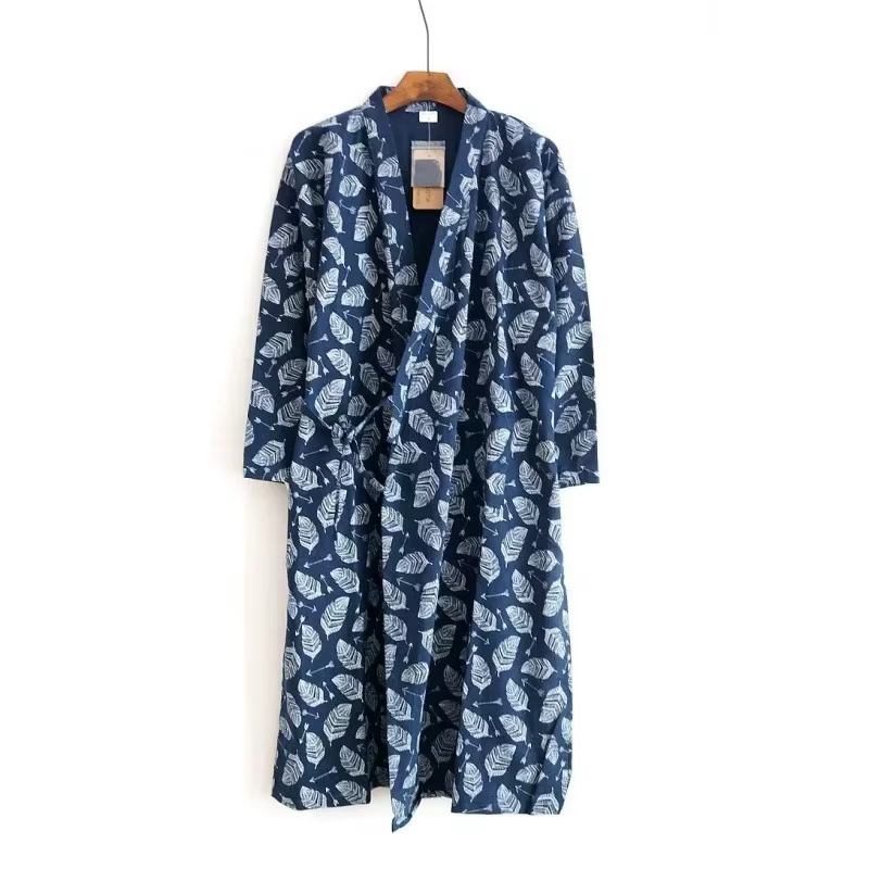 2026 hommes Pyjamas Robes coton demi manches bleu blanc couleurs feuilles impression été hommes peig