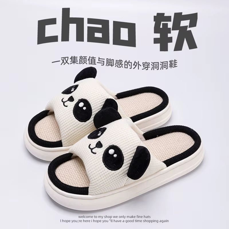 Chaussons d'intérieur pour femmes et couples, motif Panda Chat, en lin et chanvre, antidérapants, ép