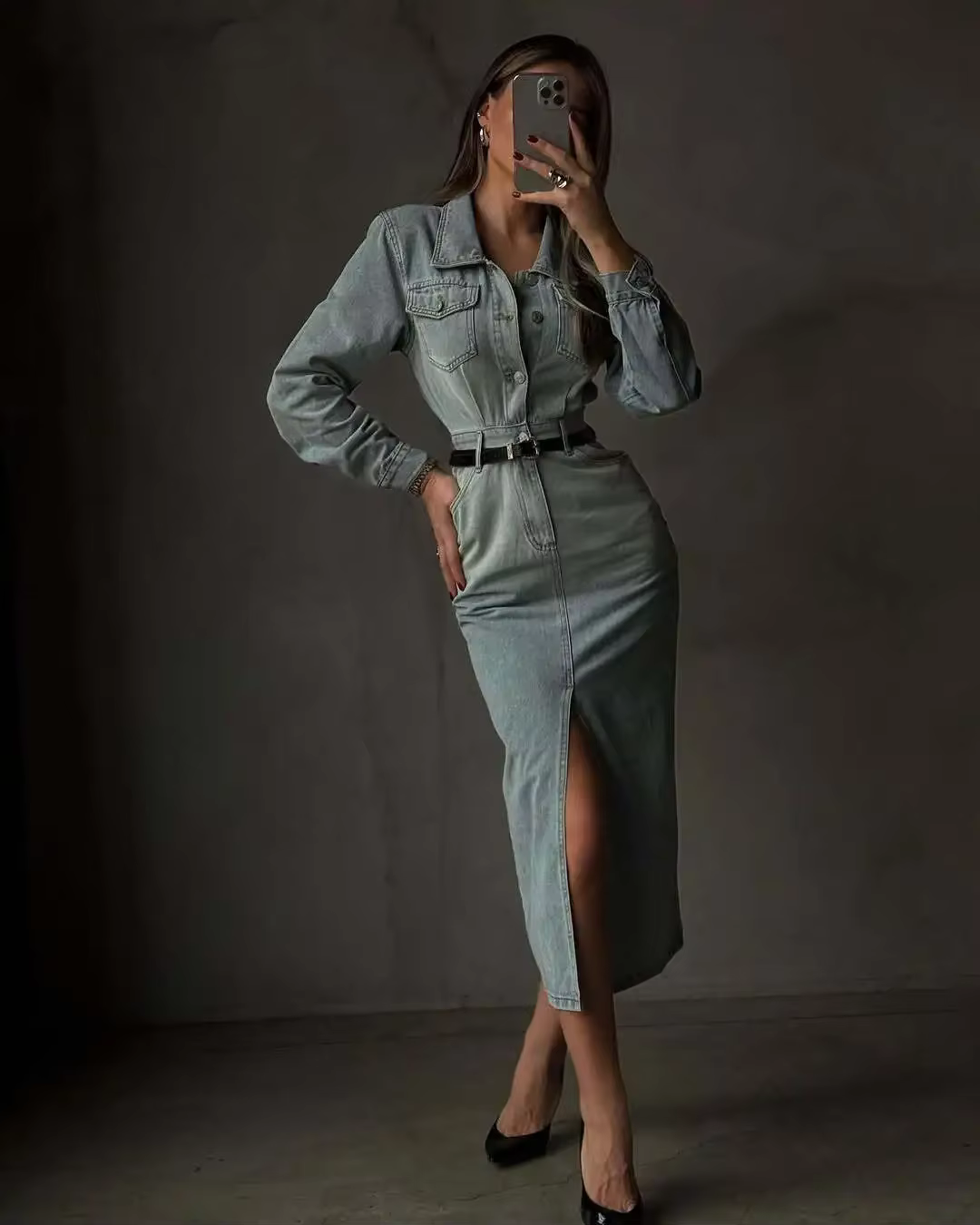 Robe longue rétro style cowboy 2025 pour femme, nouvelle collection printemps, avec taille cintrée e
