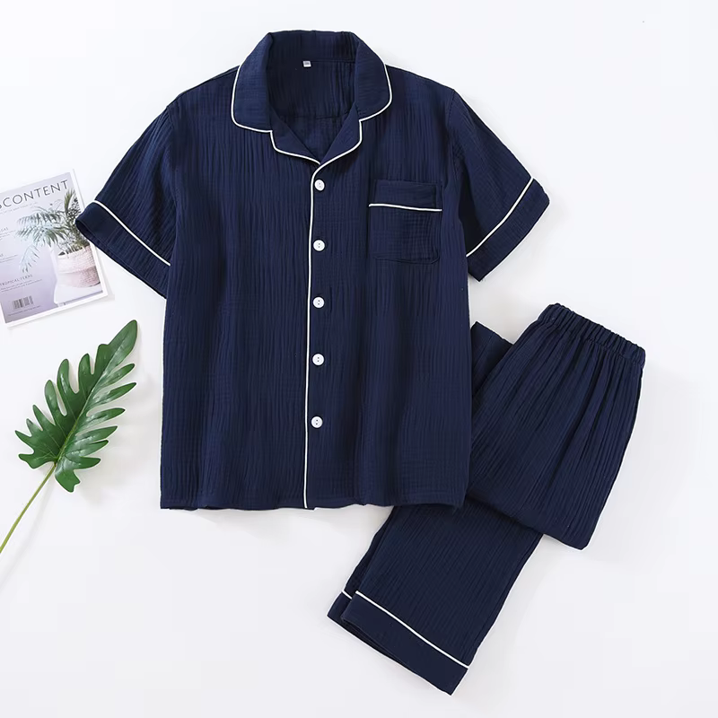 2026 hommes pyjama ensembles 100% coton crêpe décontracté Homewear deux pièces à manches courtes hau