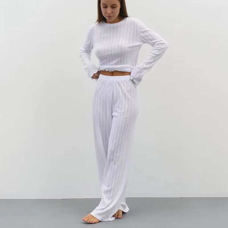 Ensemble pyjama décontracté deux pièces pour femme 2026 – Haut à col rond et volants à manches longu