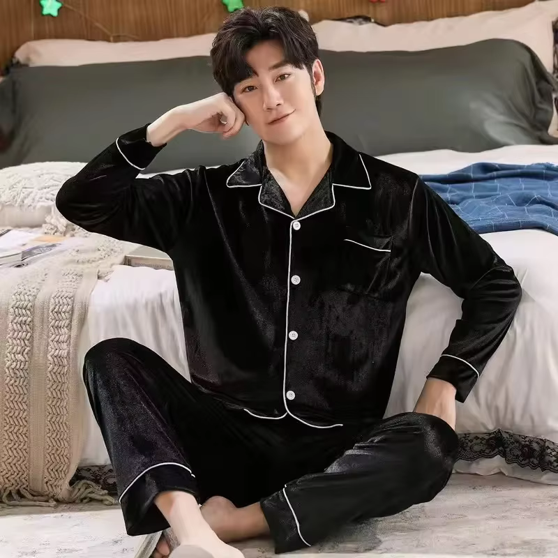 Nouvel ensemble pyjama homme 2026 à manches longues et pantalon, en velours doré de luxe haut de gam