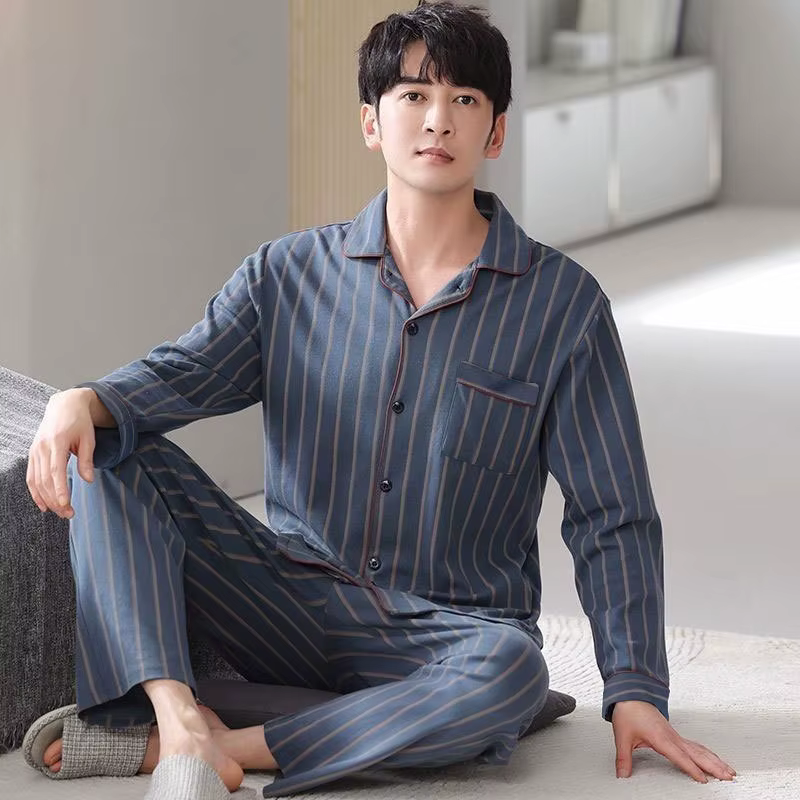 Pyjama en coton pour hommes, Cardigan à manches longues, vêtements de nuit, vêtements de détente pou