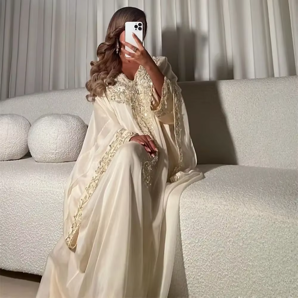 Robe de Soirée en Dentelle à Paillettes Personnalisées, Manches sulf, Col en V, Longueur au Sol, Rob