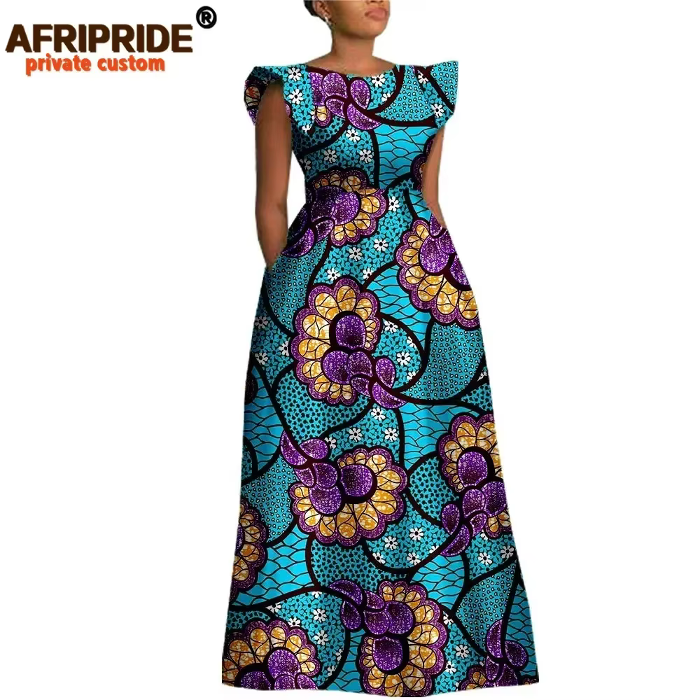 AFRIPRIDE-Robe africaine en coton pour femmes, vêtement imprimé Dashiki, manches courtes, col rond, 