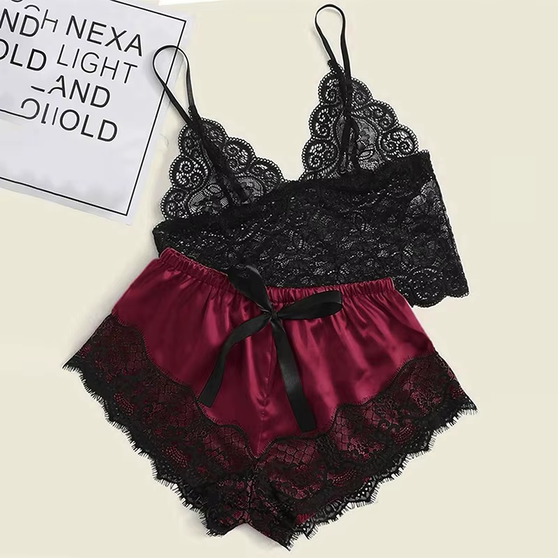1 ensemble de pyjamas femmes déshabillé en dentelle Lingerie hauts courts et shorts nuisette pyjamas
