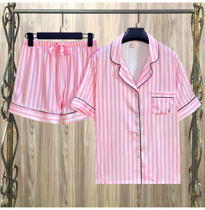 Pyjama rayé pour femmes, ensemble deux pièces, haut à boutons à revers, short en soie satinée, ensem