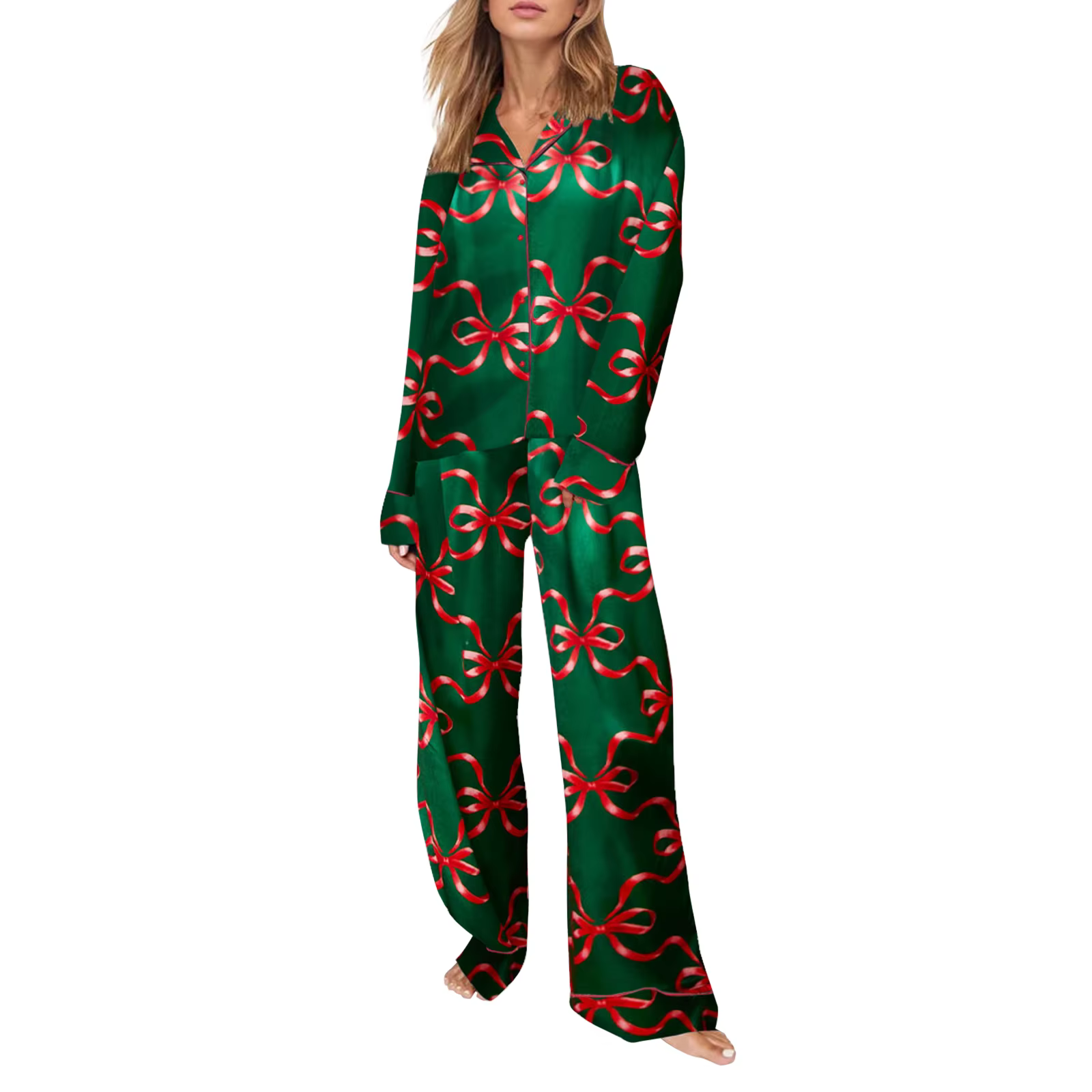 Ensemble pyjama de noël 2 pièces pour femmes, vêtements de détente, imprimé nœud/père noël/arbre, ch