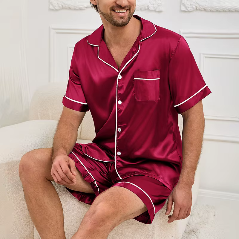 Ensemble de pyjama en satin pour hommes, chemise boutonnée à manches courtes, short d'été, vêtements
